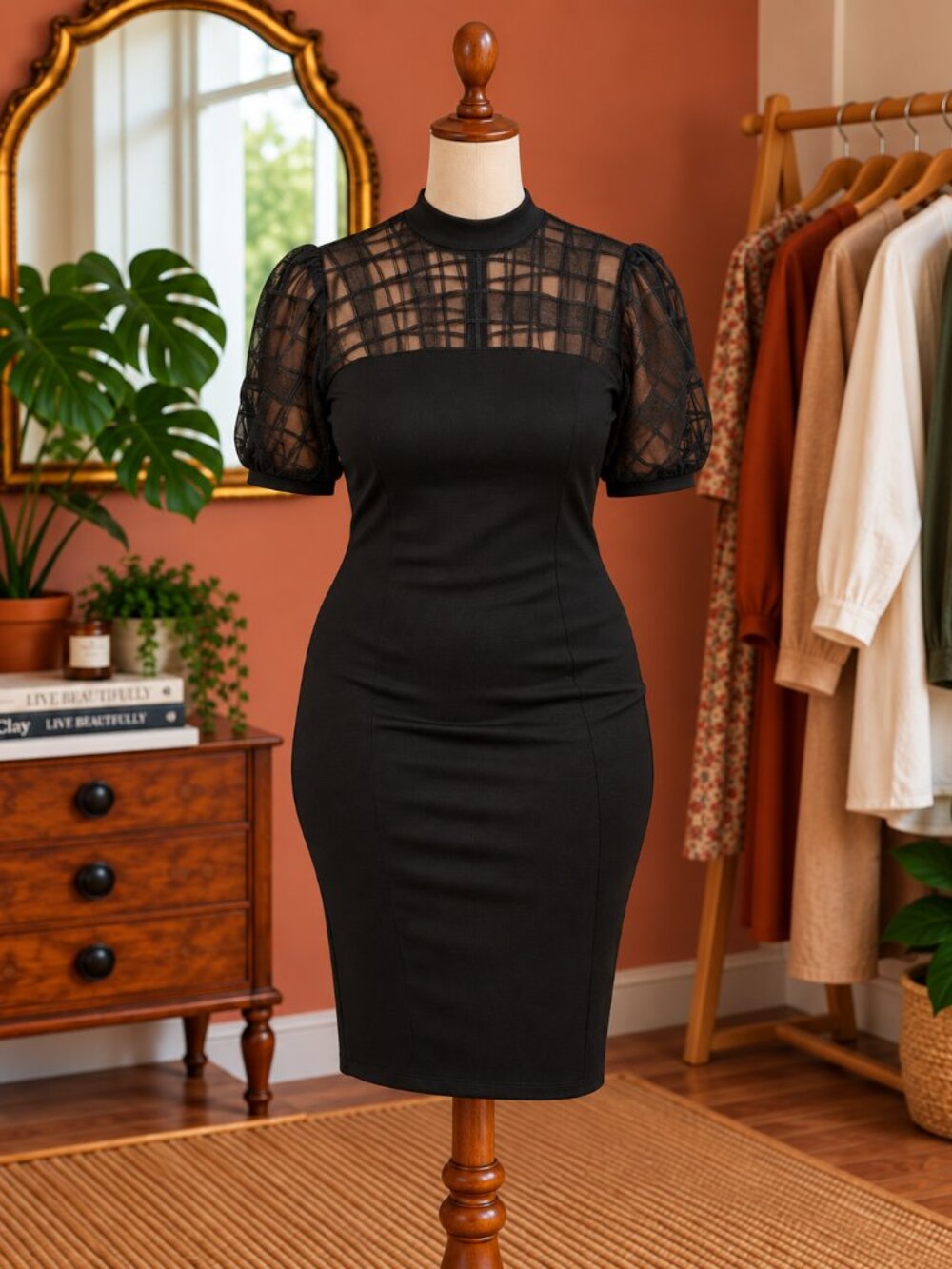A3 Design Black Mesh Sleeve Dress